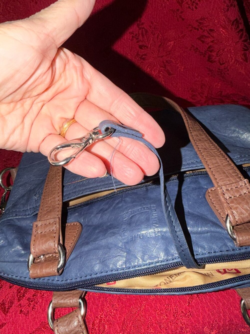 Stone Mountain Leather Navy Blue w/Brown Handles Long Beach Satchel - Picture 6 of 11